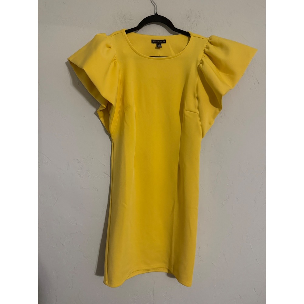Nina Leonard Yellow Flutter Sleeve Sheath Dress Womens Small Stretch Round Neck